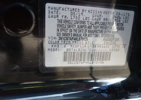2019 Nissan Versa 1.6 Sv from USA, damaged, VIN 3N1CN7AP4KL870426